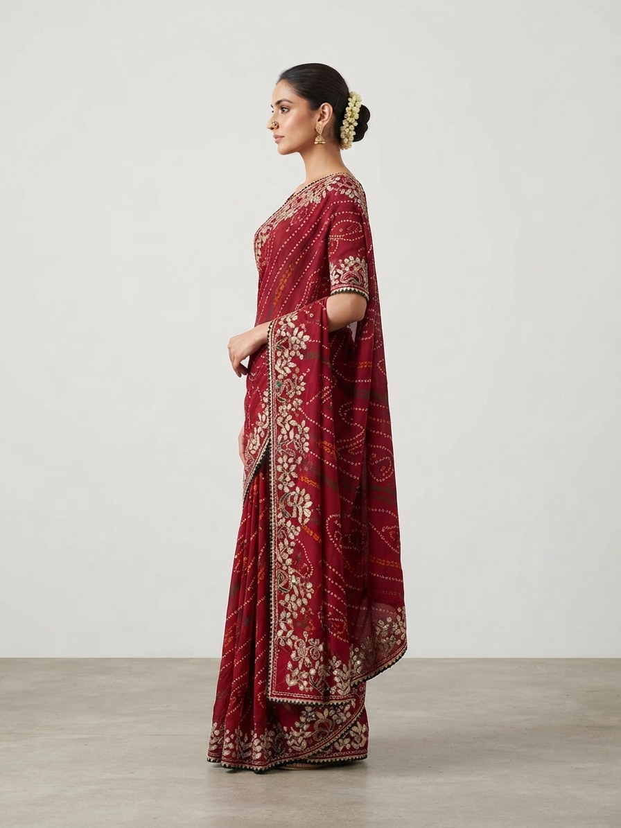 Bandhani Saree — Model — left side view