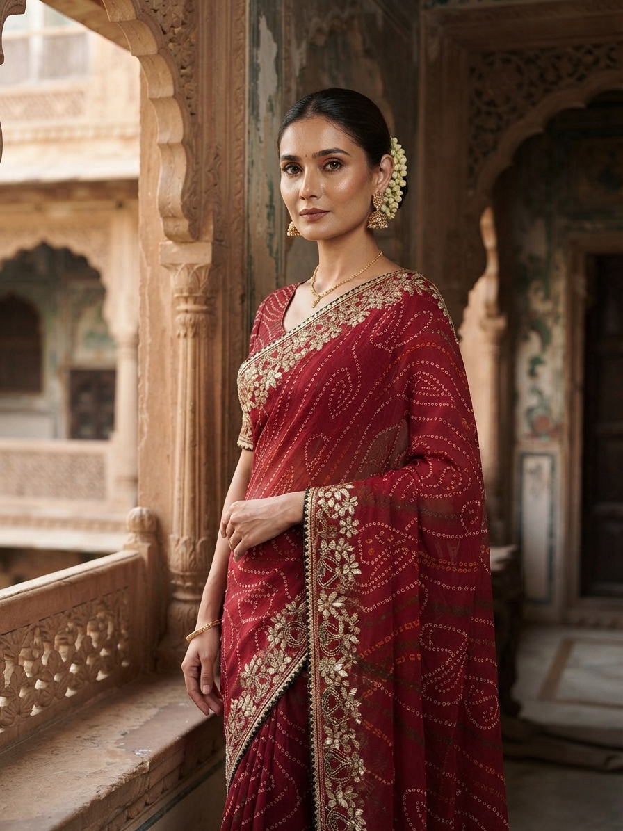 Maroon Georgette Bandhani Saree with Gota Patti Work