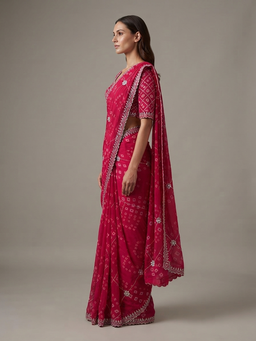 Bandhani Saree — Model — left side view