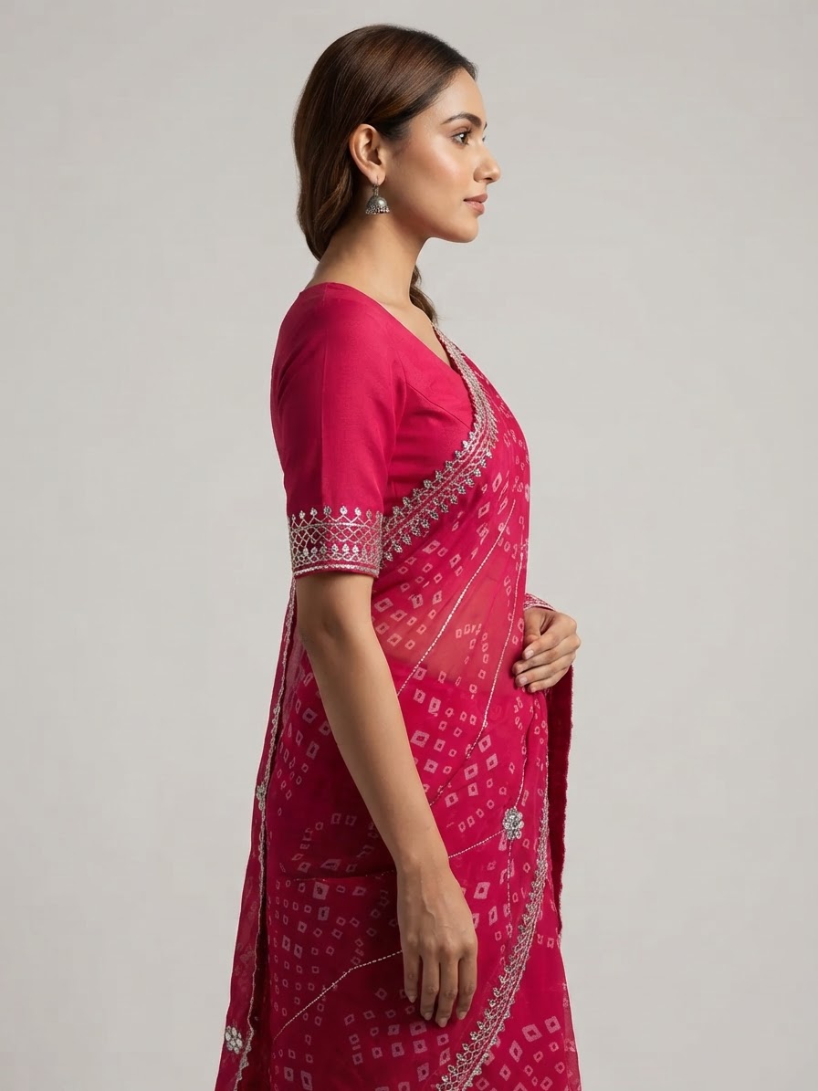 Bandhani Saree — Model — right side view