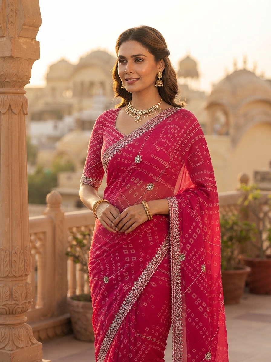 Rani Pink Georgette Bandhani Saree with Mirror & Gota Work