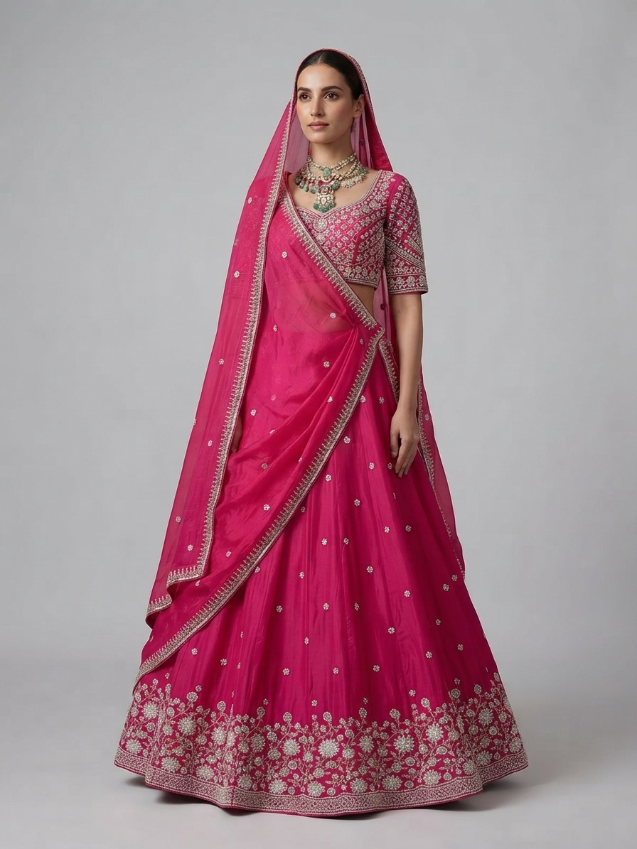 Rani Pink Hand-Embroidered Crepe Designer Lehenga Set