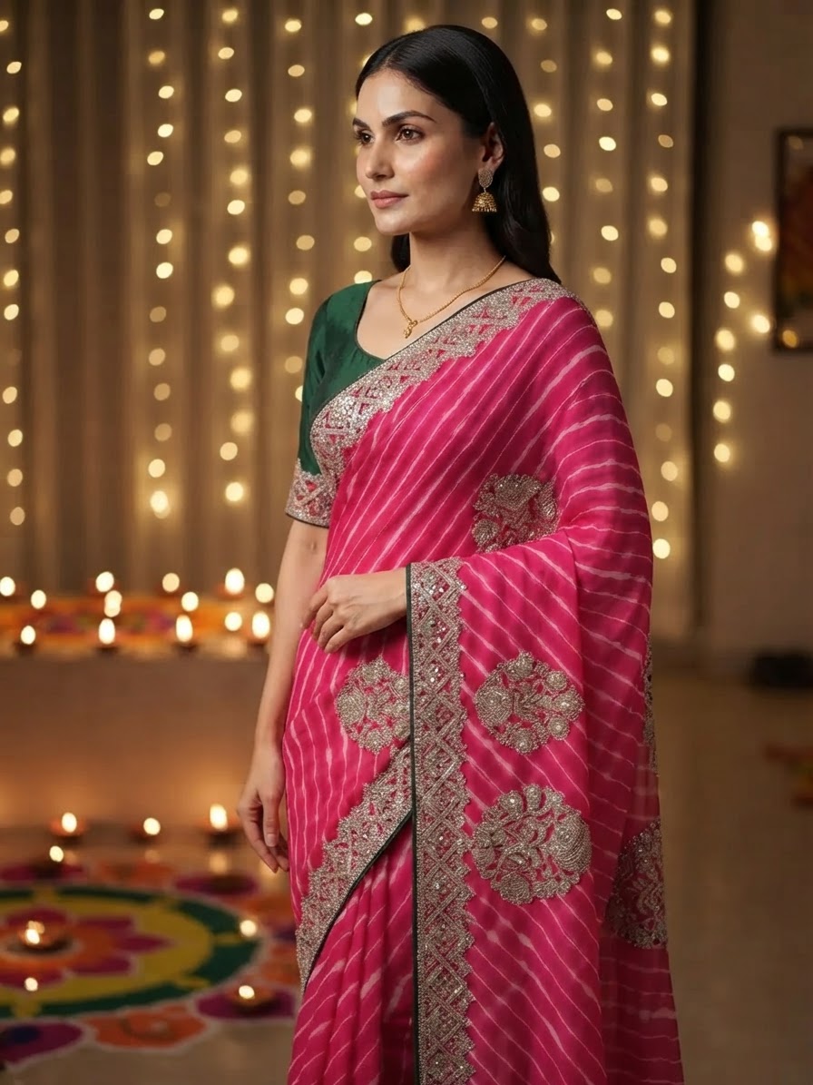 Pink Striped Georgette Saree with Embellishments