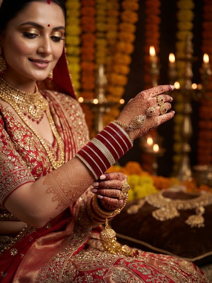 Red Velvet Stone-Embellished Bangle Set