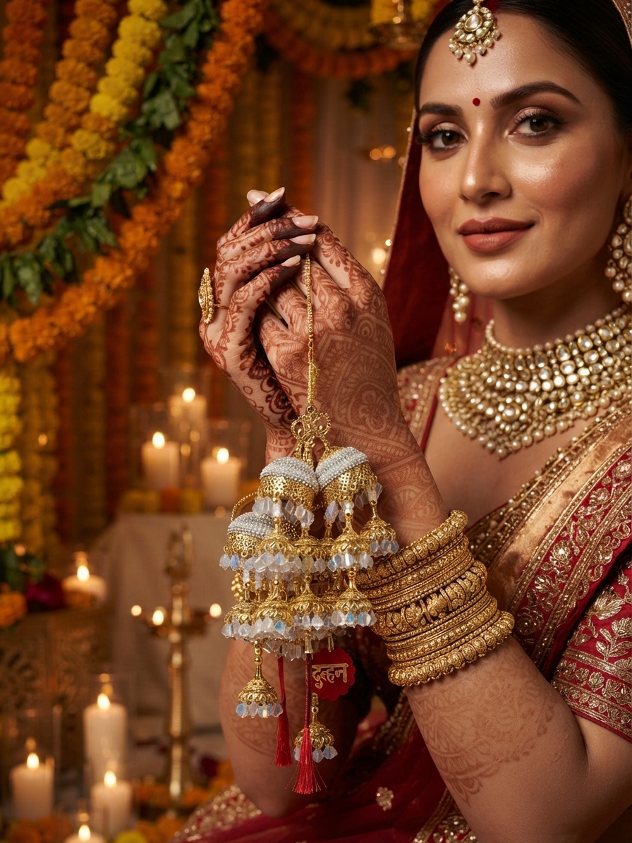 Gold Tone Bridal Kaleera with Dulhan Charm and Pearl Drops