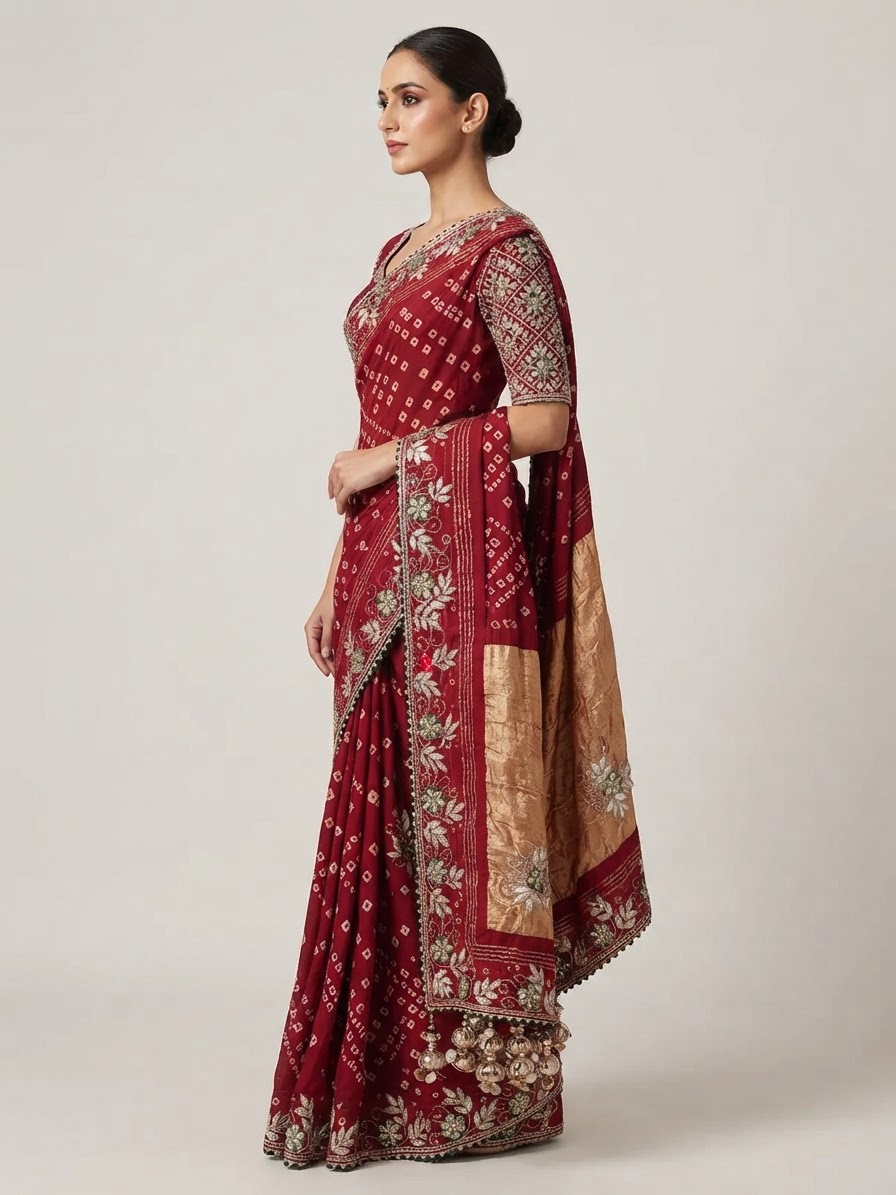 Bandhani Saree — Model — left side view