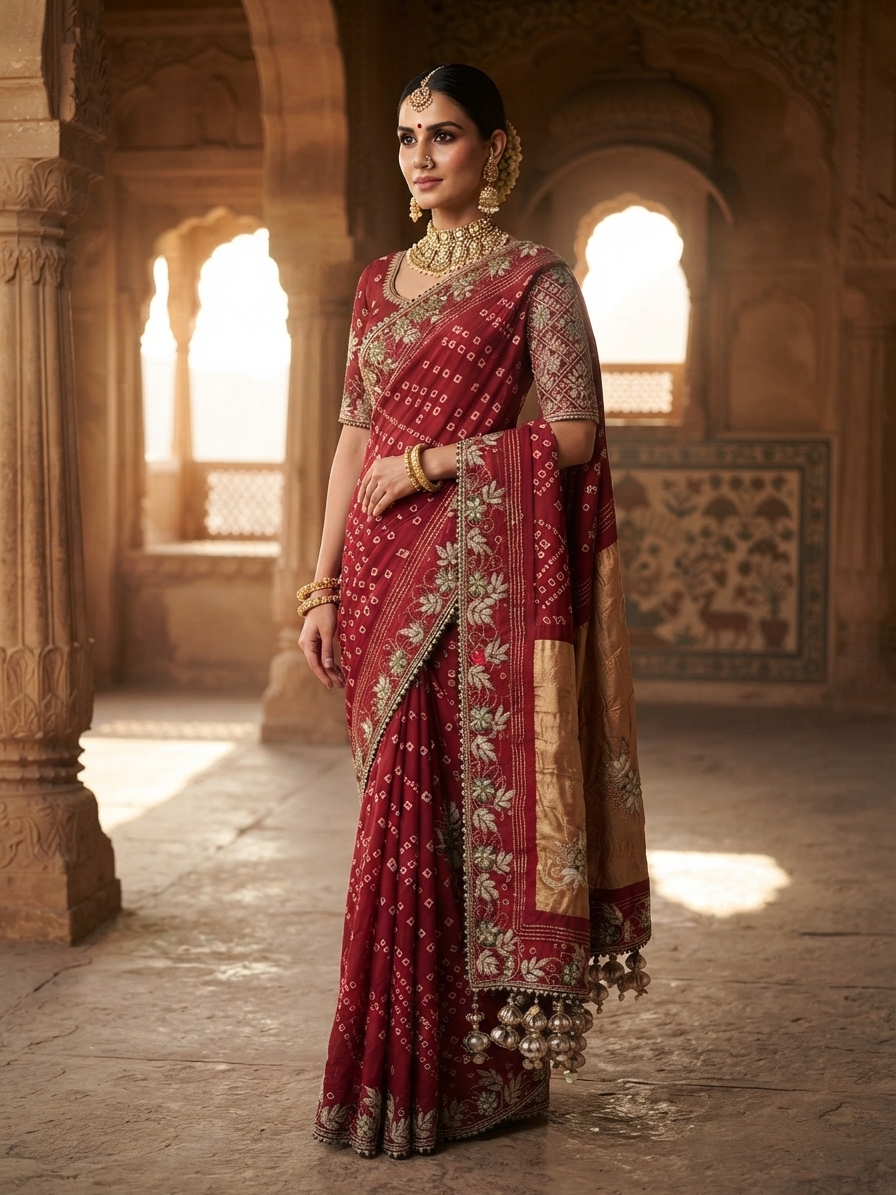 Maroon Gajji Silk Bandhani Saree with Zardosi Work
