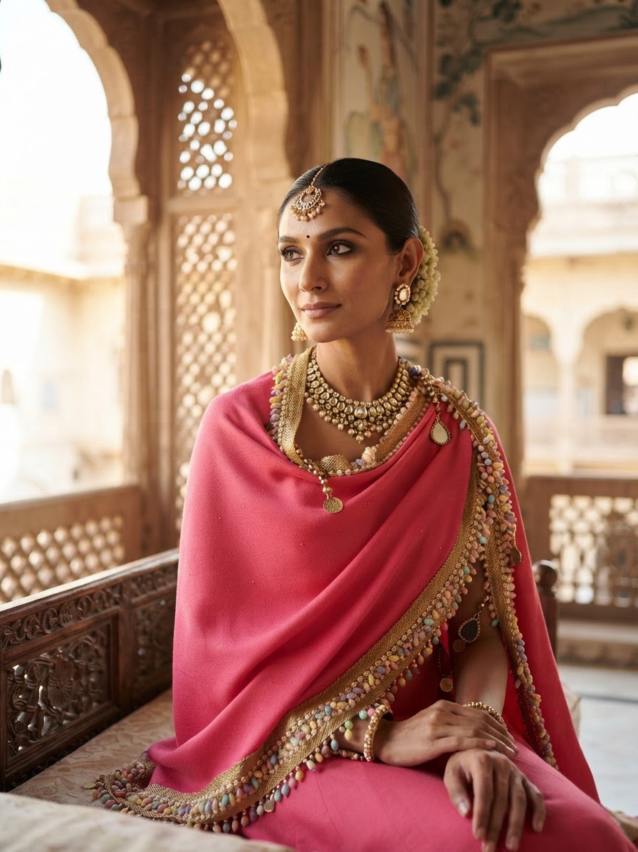 Pink Pashmina Shawl with Pastel Beadwork