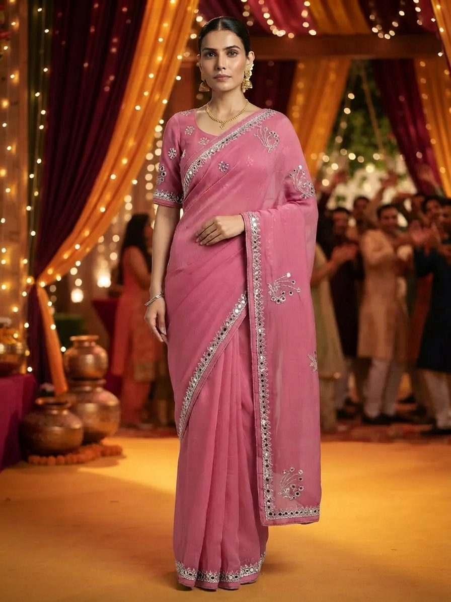 Pink Chiffon Mirror Work Saree