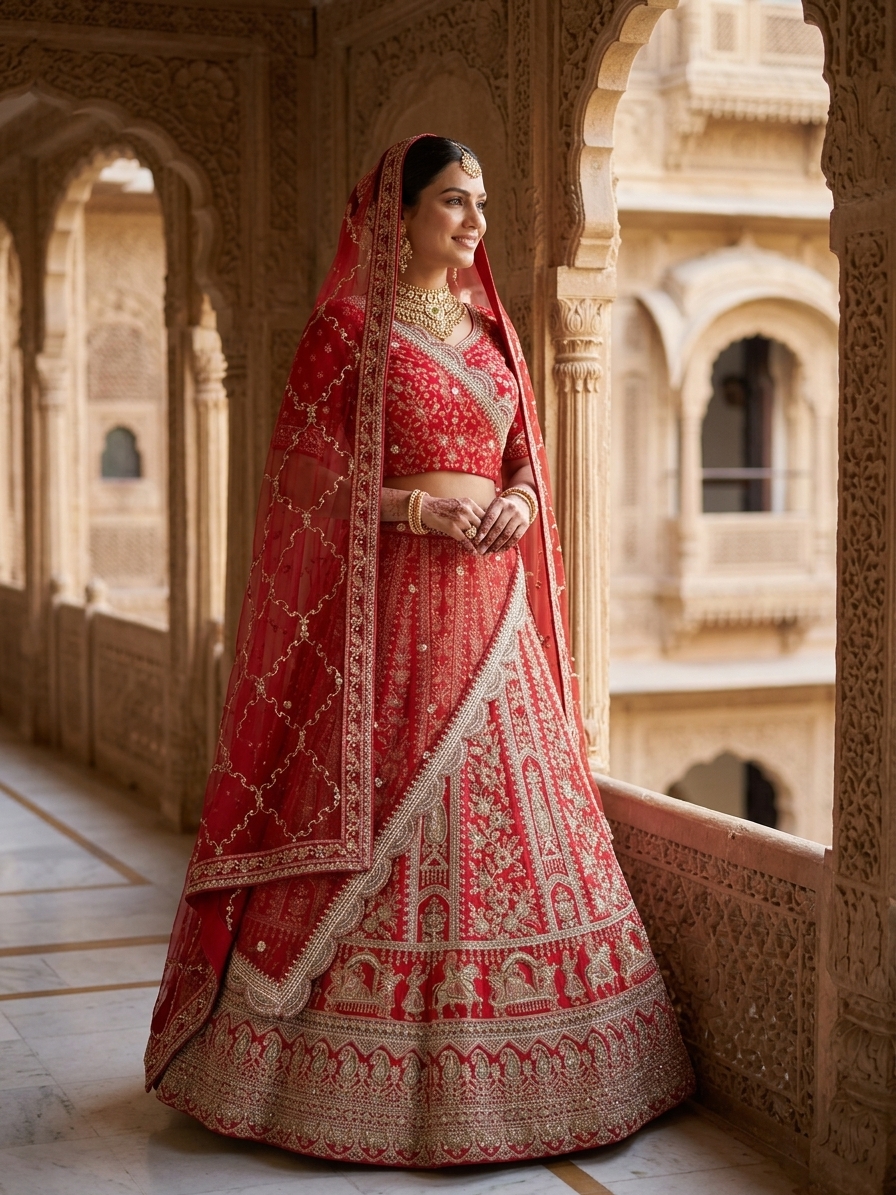 Red Raw Silk Zardozi Cutdana Arch Motif Bridal Lehenga Set