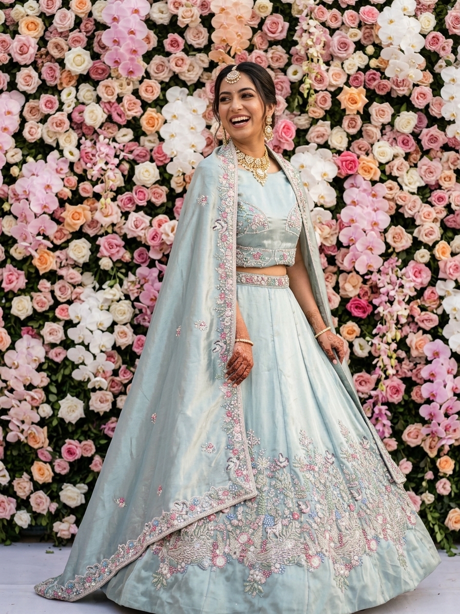 Bridal Lehnga — Bridesmaid / sister of the bride · Floral wall backdrop