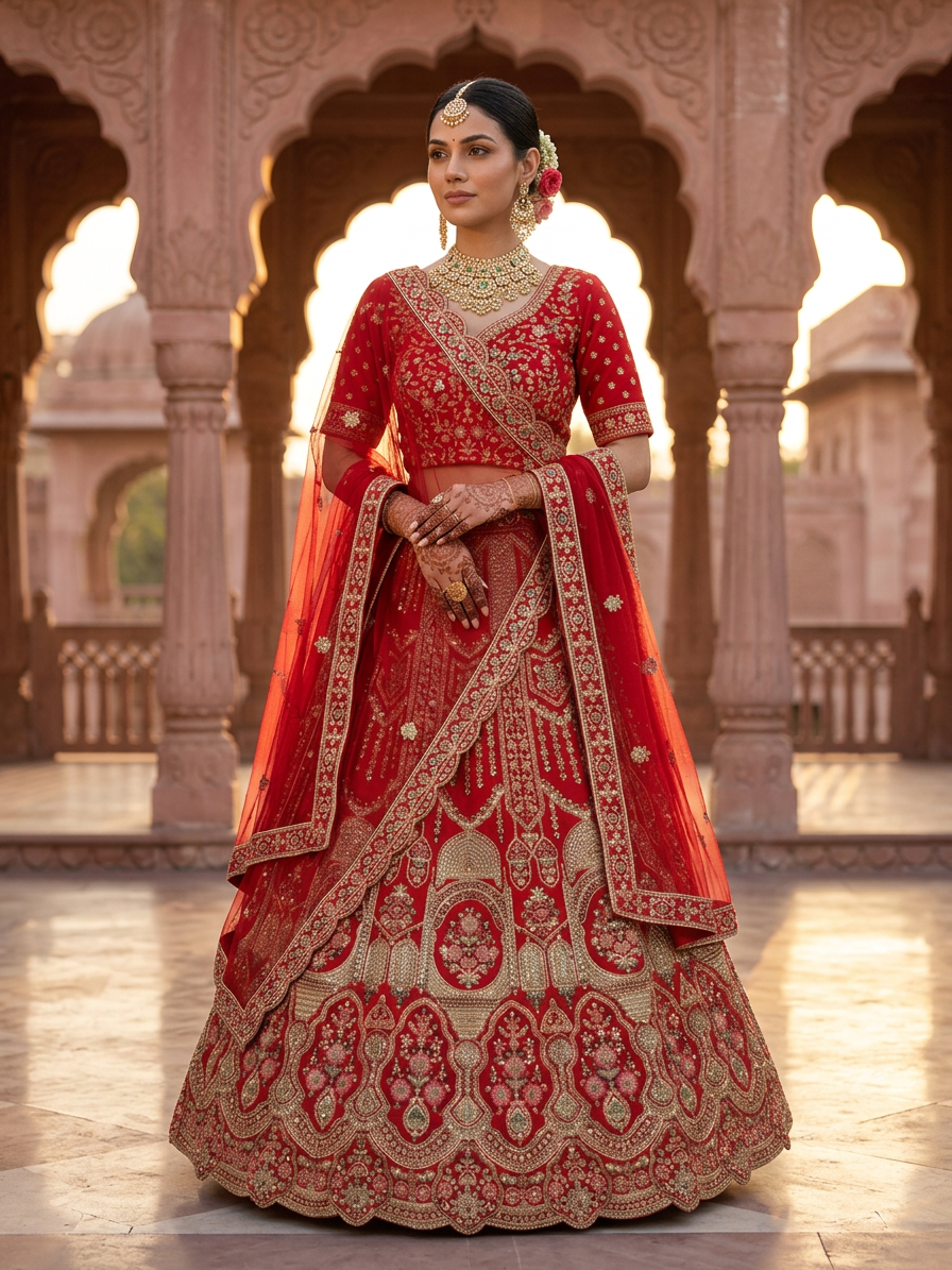 Bridal Lehnga — Indian bride wearing it · Palace courtyard