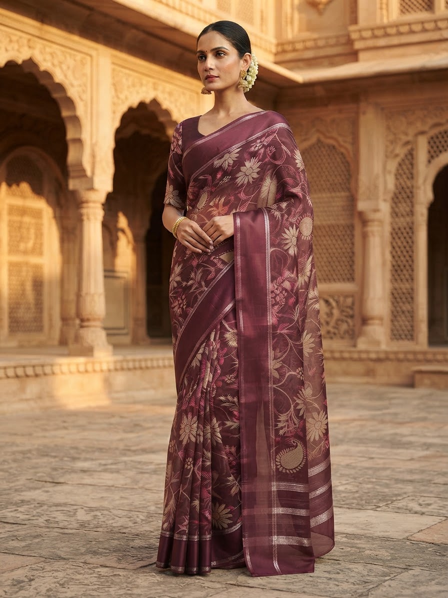 Wine Georgette Floral Printed Saree