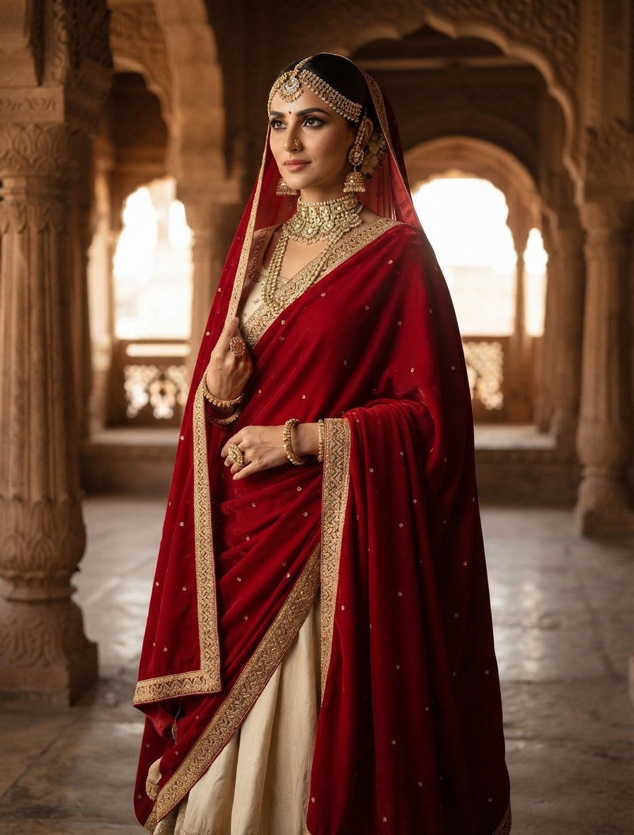 Red Velvet Shawl with Kundan Border