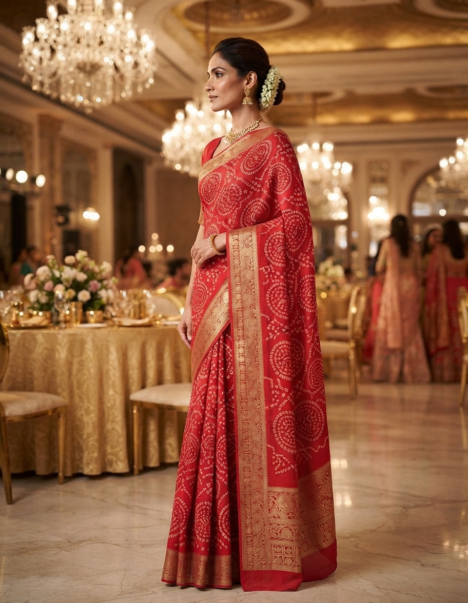 Red Georgette Bandhani Print Saree