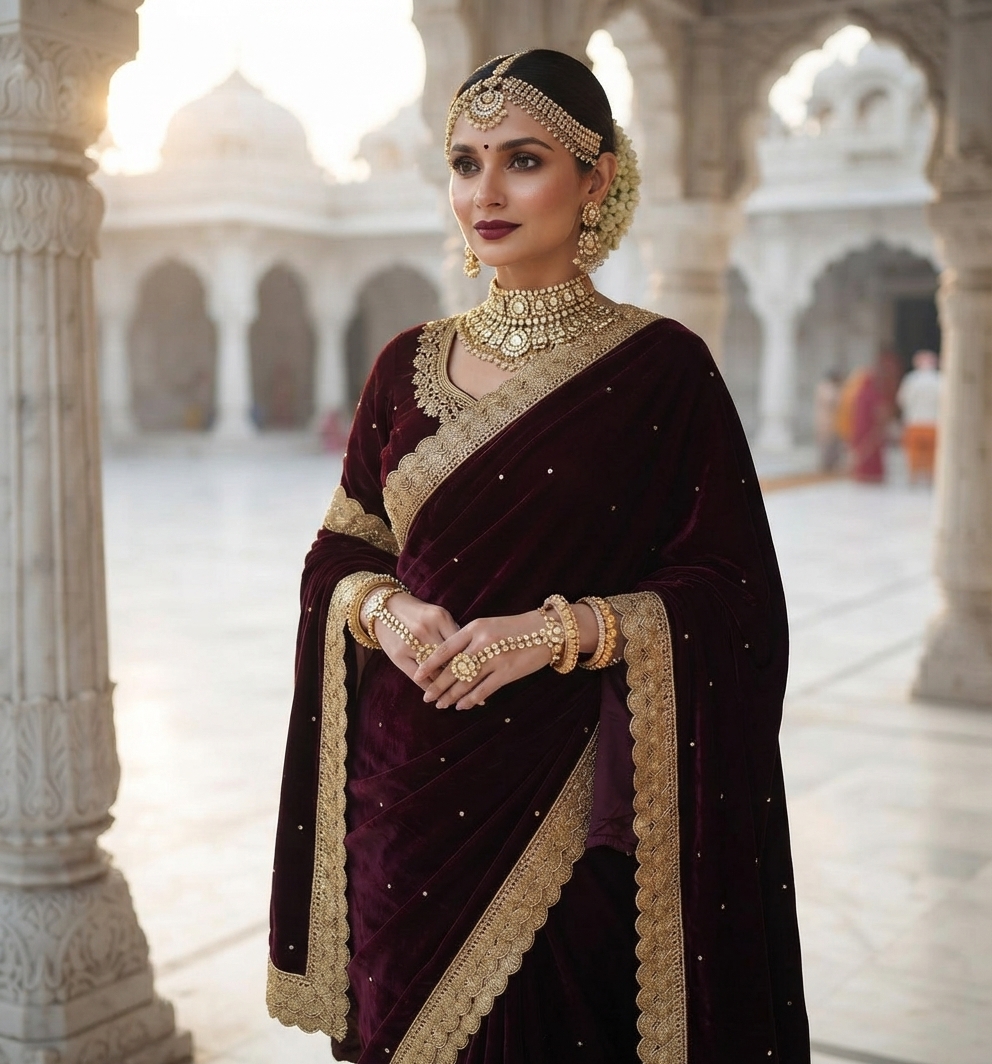 Indian bride wearing it · Temple courtyard (marble)