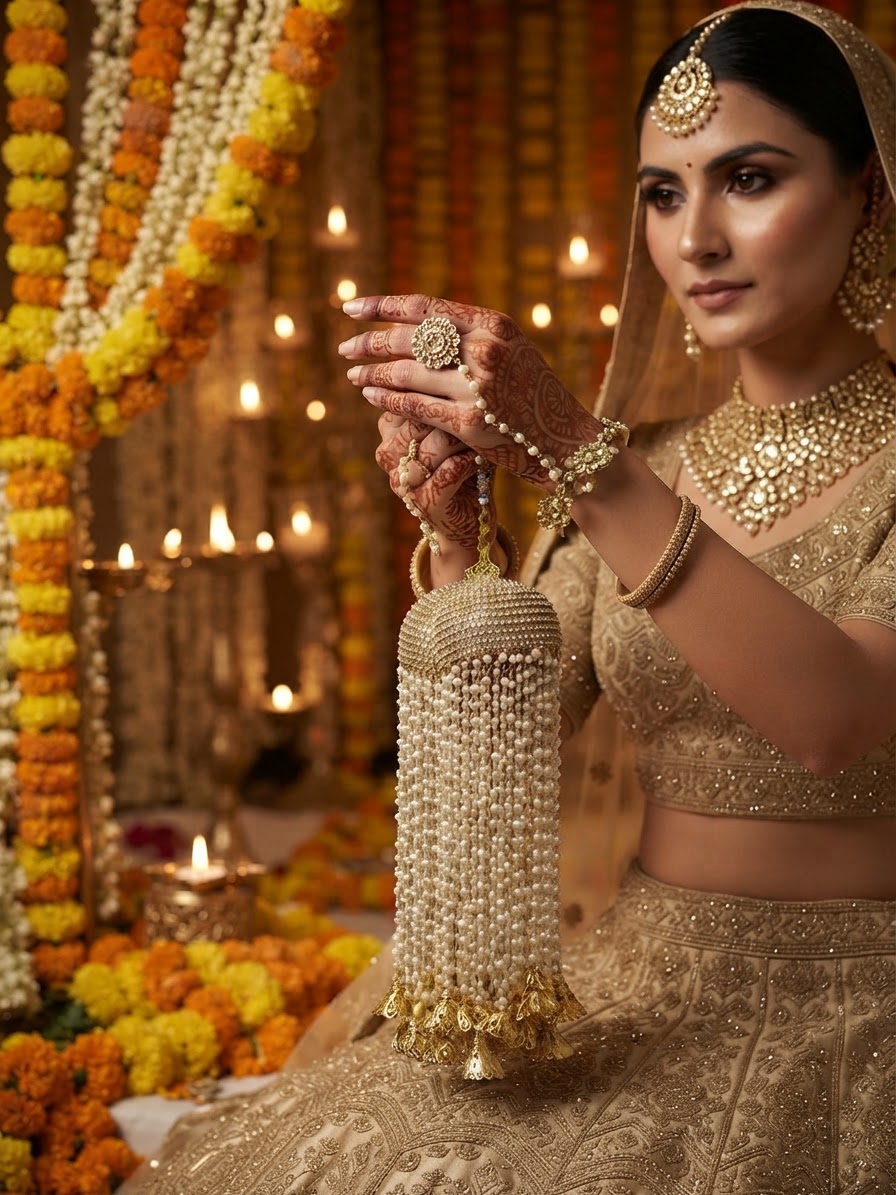 Gold-Tone Stone Work Dome with Pearl Strands Bridal Kaleera