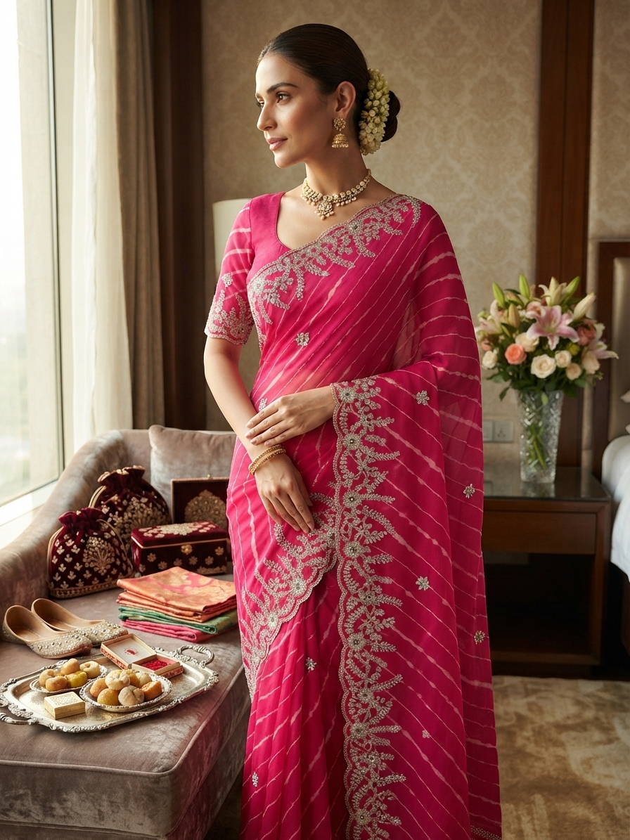 Pink Georgette Designer Saree with Embroidery