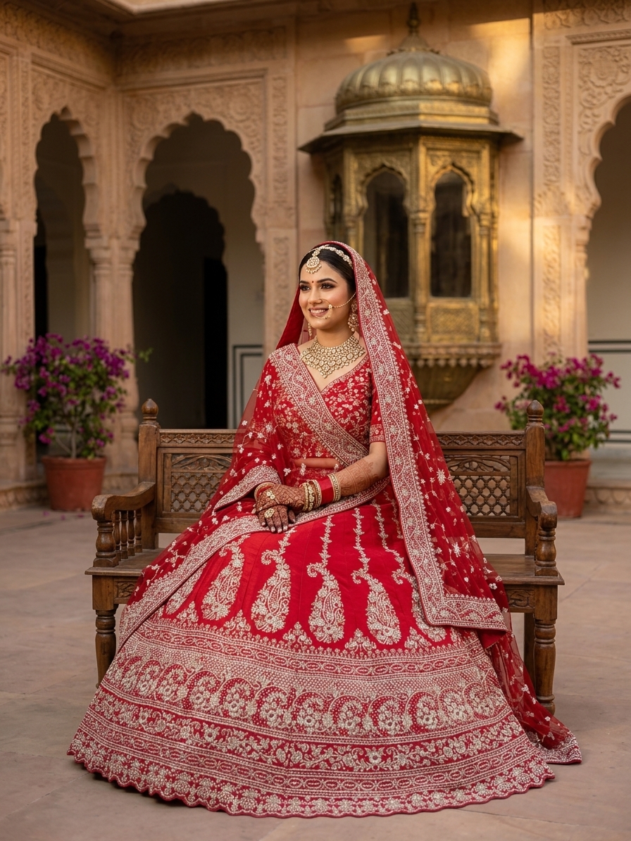 Bridal Lehnga - Anas - 1363 — Indian bride wearing it · Palace courtyard