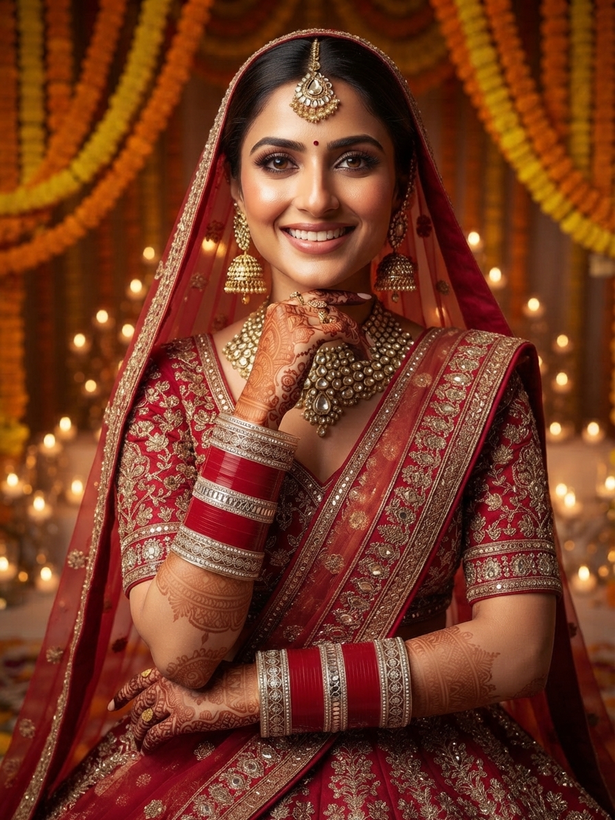 Layered Red Seep Chura With Silver Stone & Pearl Borders