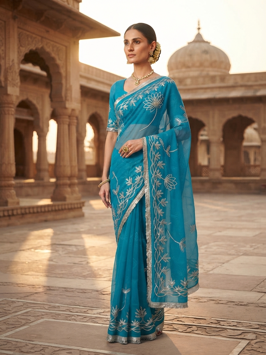 Sky Blue Georgette Gota Patti Saree