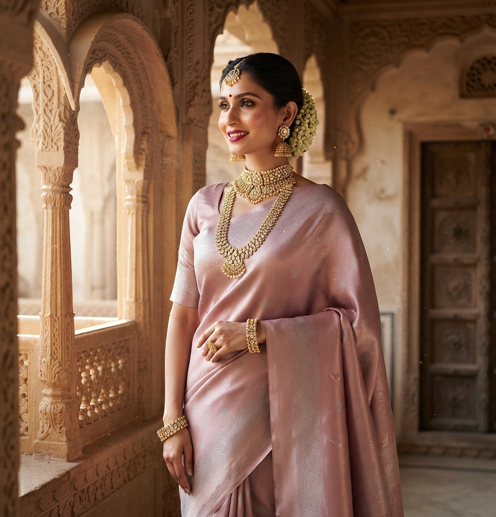 Pink Silk Zari Saree with Blouse Piece