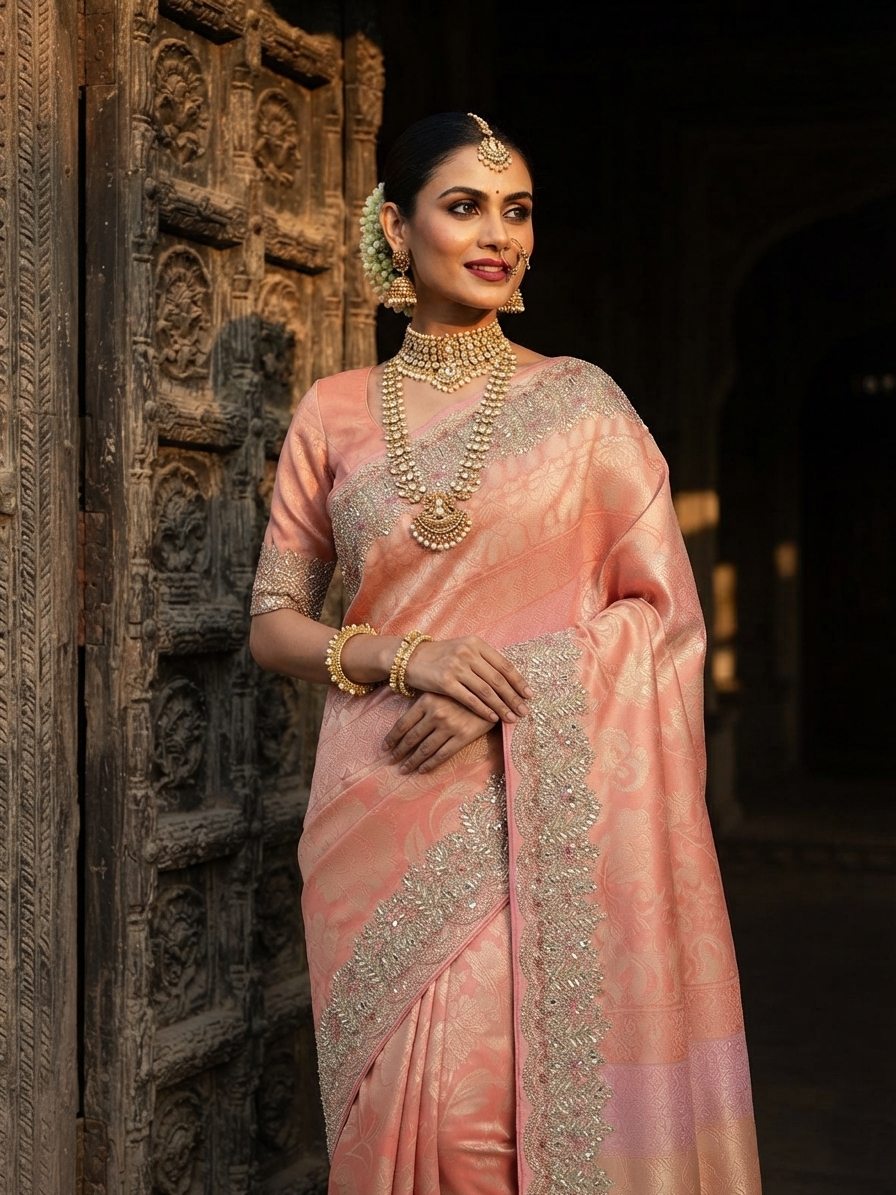 Peach Banarasi Silk Embellished Designer Saree