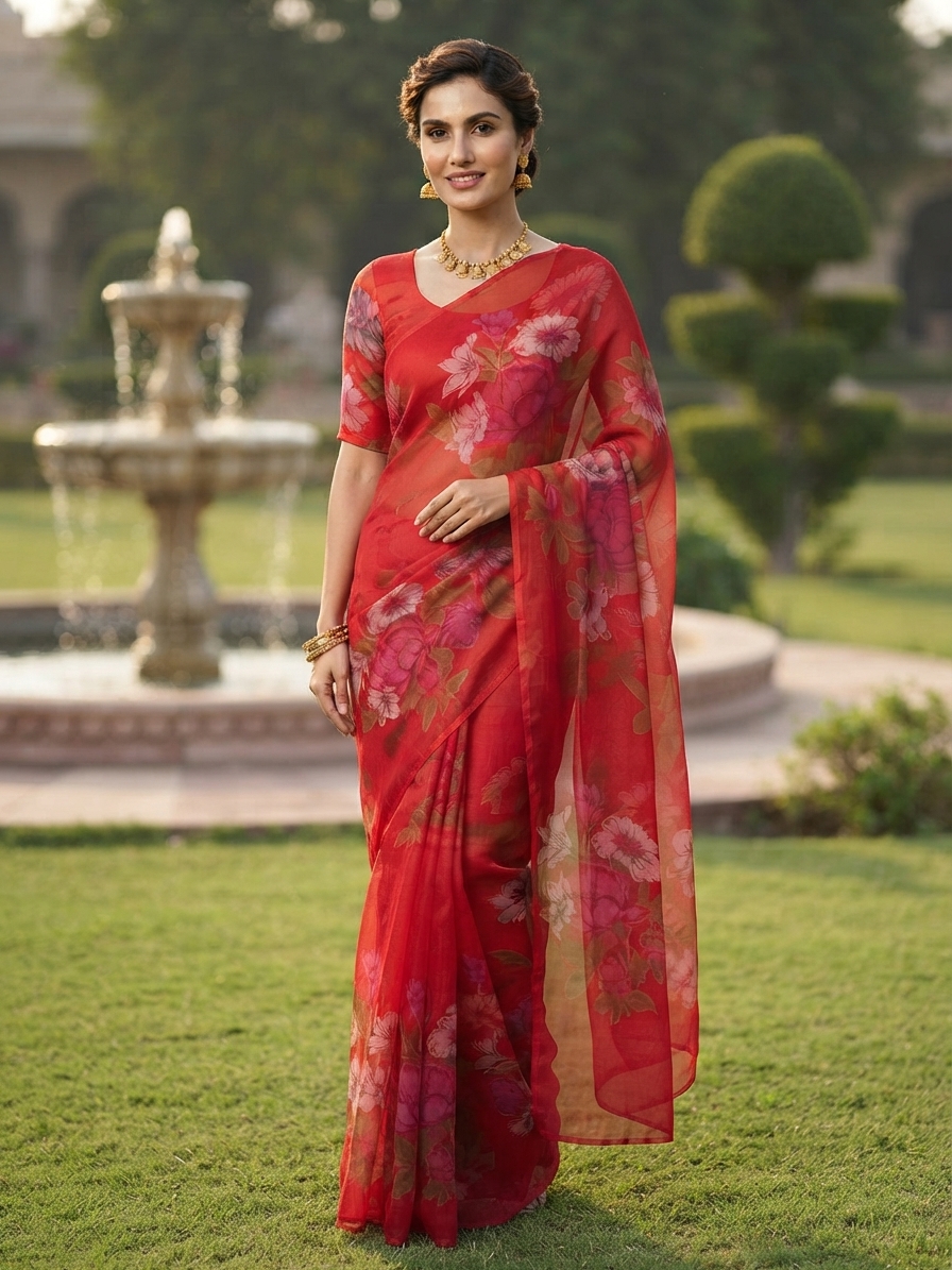 Red Floral Chiffon Saree with Blouse Piece