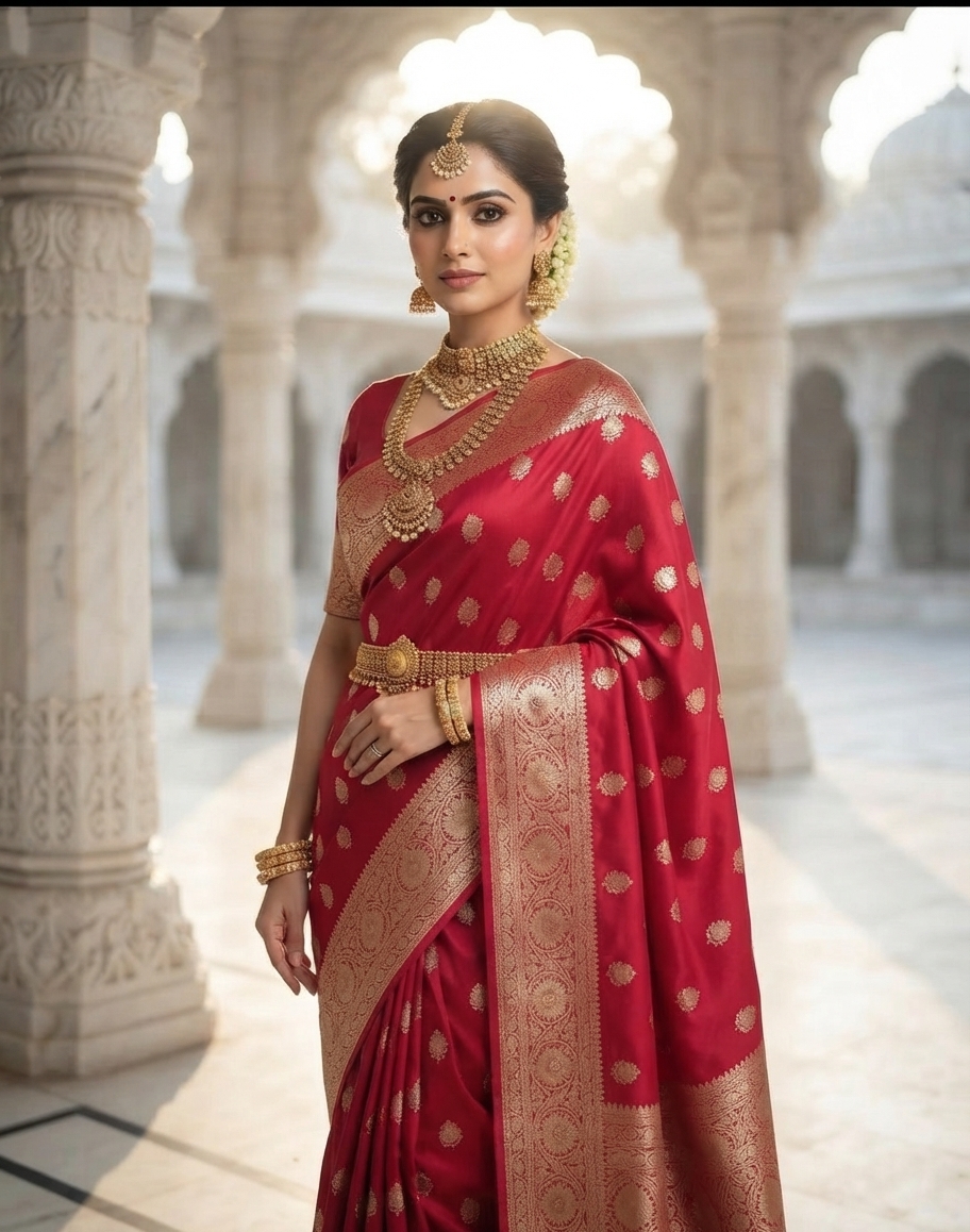 Cherry Red Banarasi Silk Saree with Zari