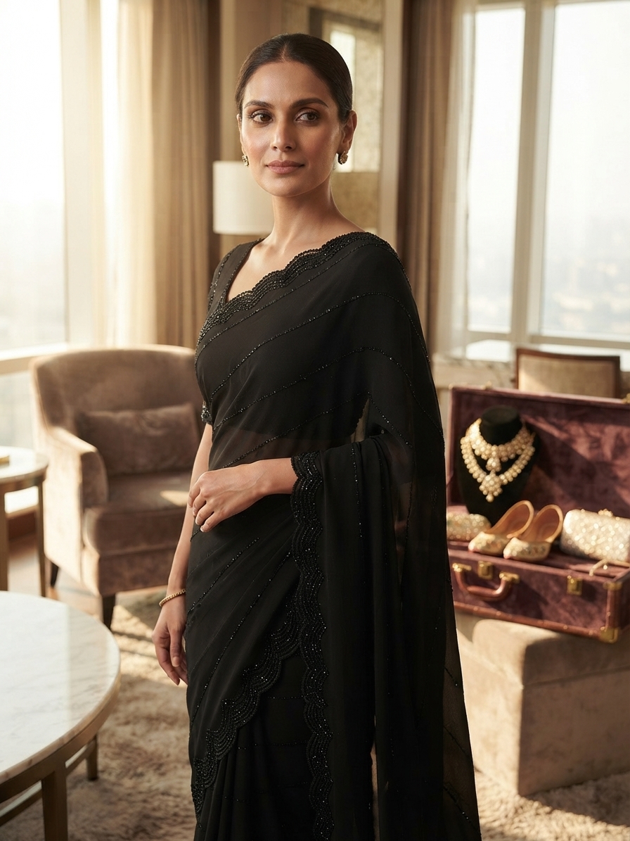 Black Georgette Beadwork Designer Saree