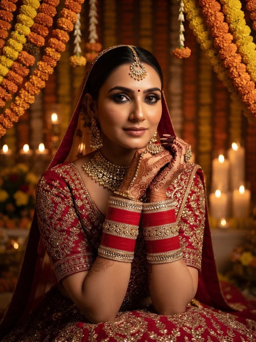 Vibrant Red Seep Chura Bridal Bangle Set with Stone & Pearl