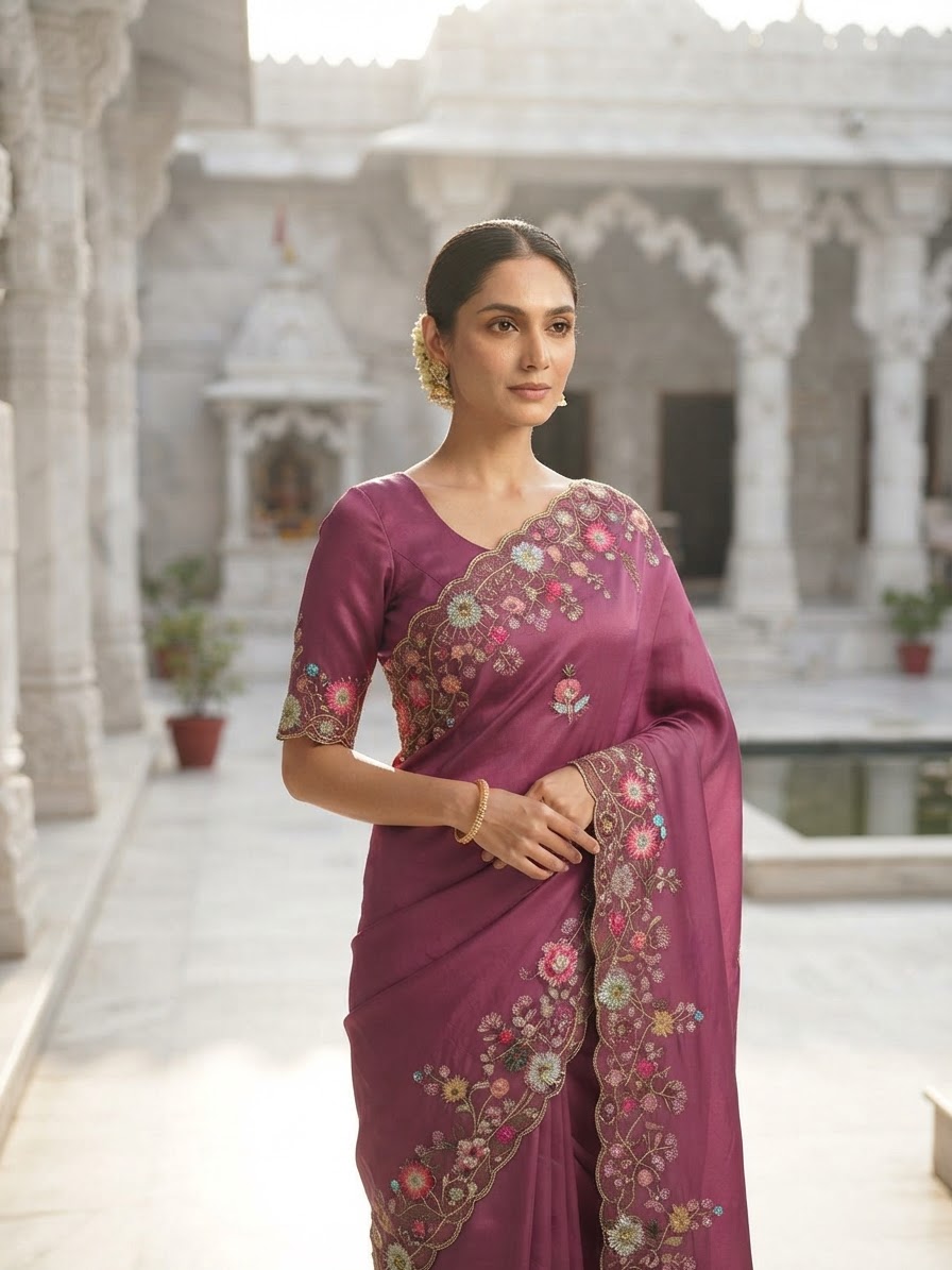Festive woman wearing it · Temple courtyard (marble)