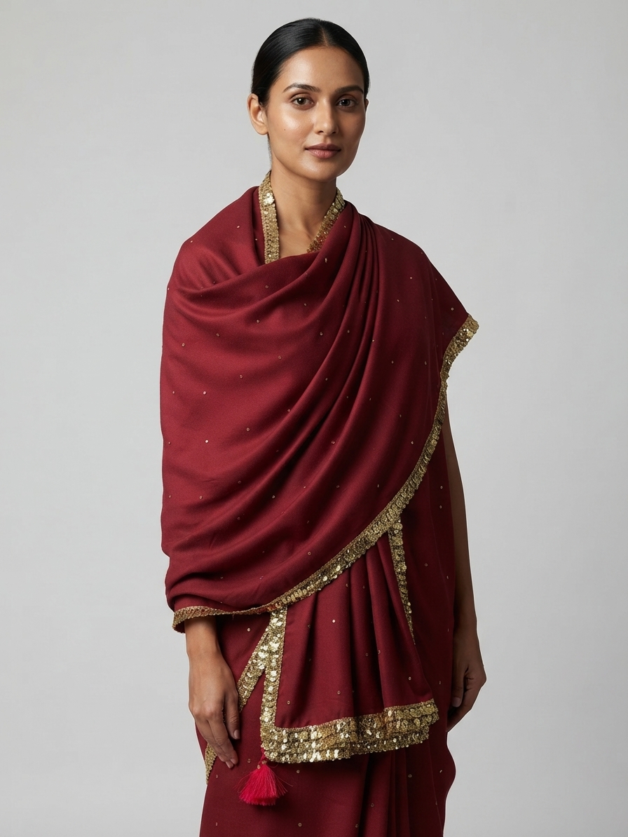Maroon Pashmina Shawl with Sequin Border