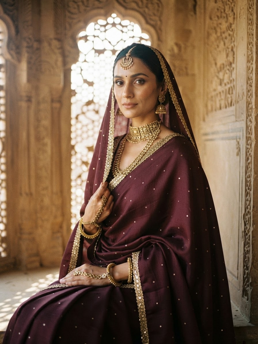 Wine Pashmina Shawl with Kundan Embellishments