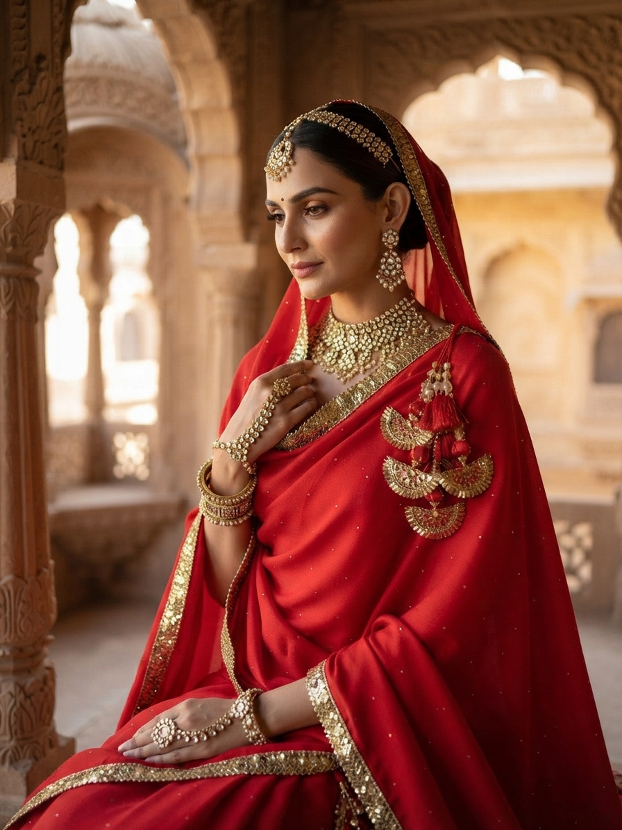 Red Pashmina Wool Shawl with Gold-Tone Border and Stone Work