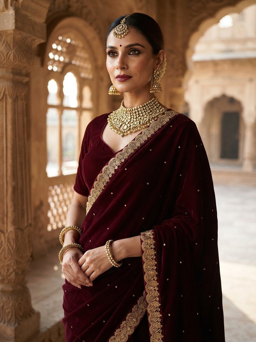 Maroon Velvet Shawl with Kundan Border