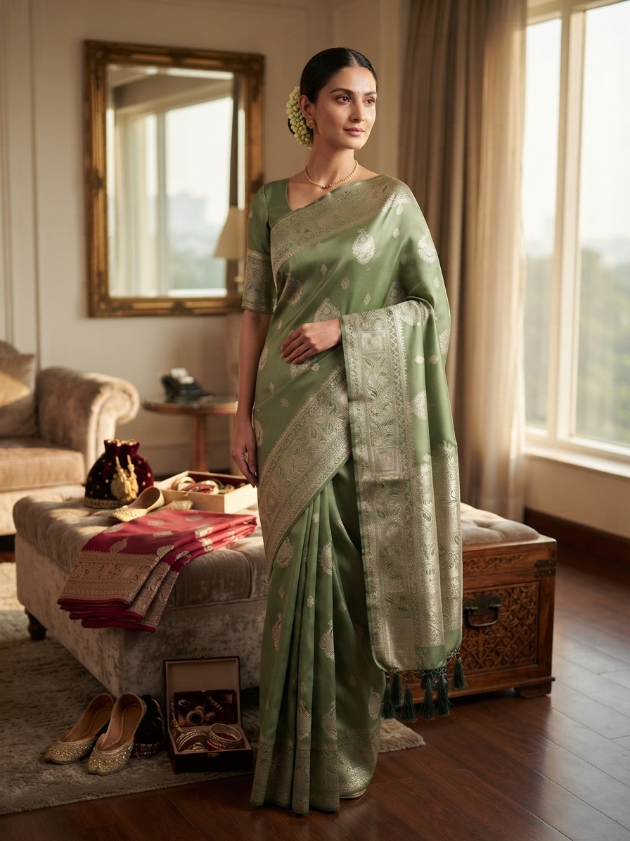 Sage Green Banarasi Silk Saree with Zari Work