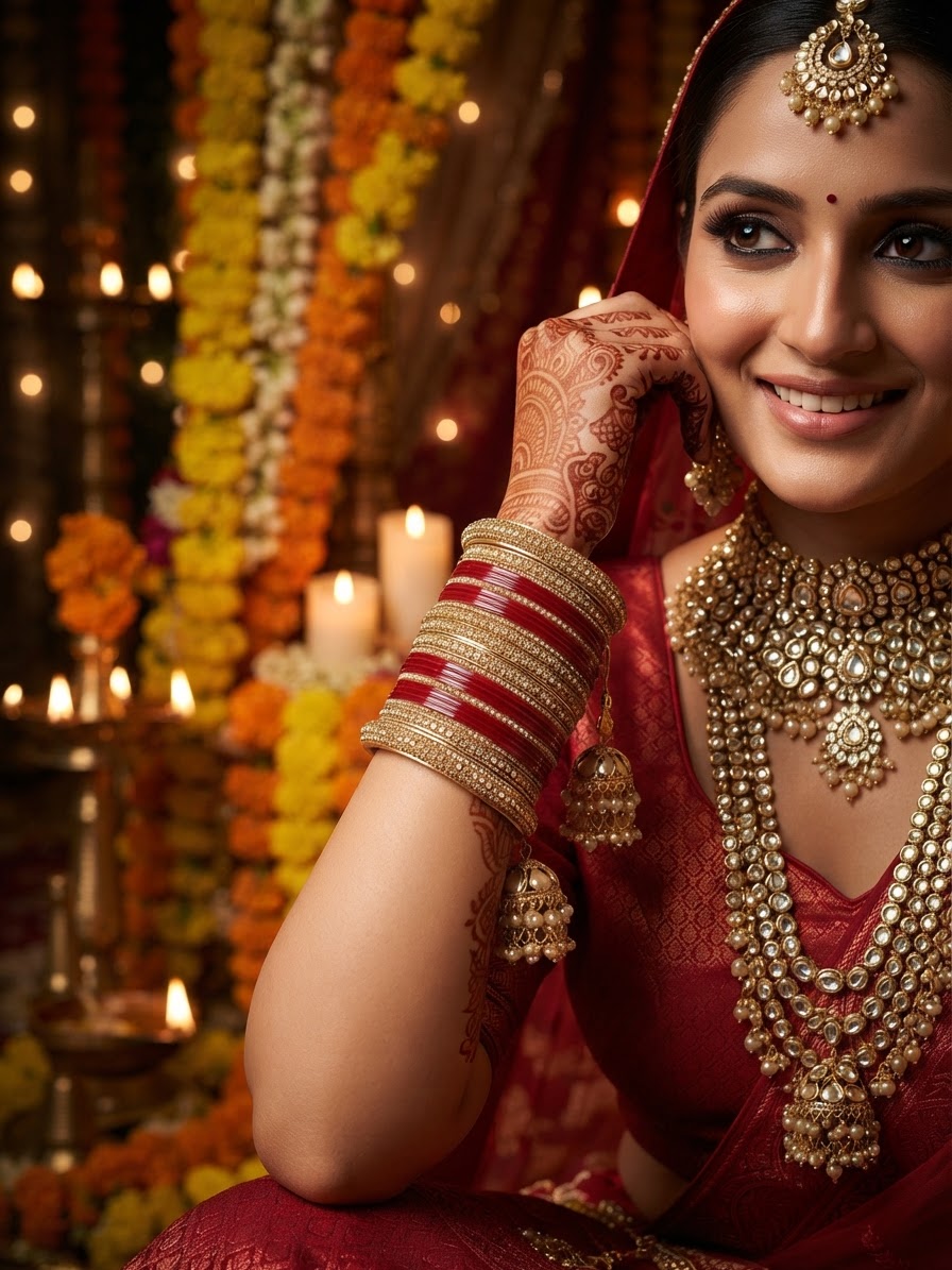 Red Lakh Chura Bangle Set with Jhumki Charms
