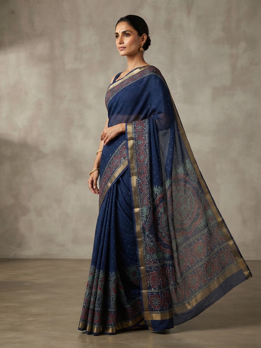 Navy Blue Kota Doriya Saree with Block Print