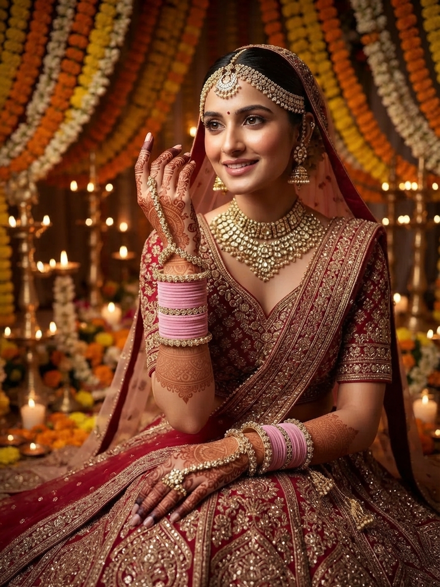 Pink Velvet Churi Set with Stone-Studded Gold Separators