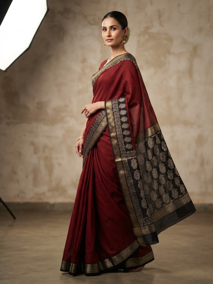 Maroon Maheshwari Silk Block Print Saree