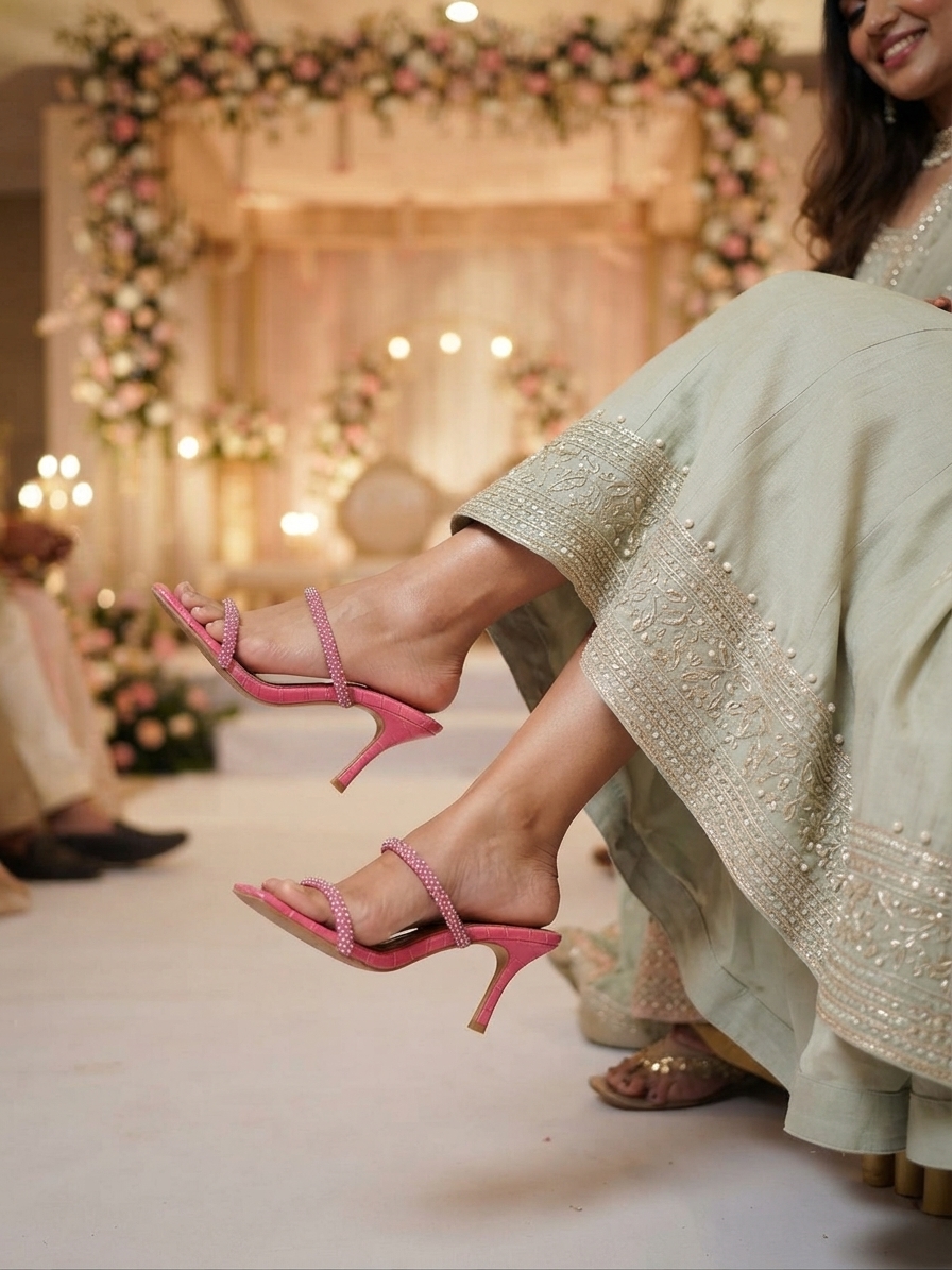 Pink Crystal Embellished Kitten Heel Sandals