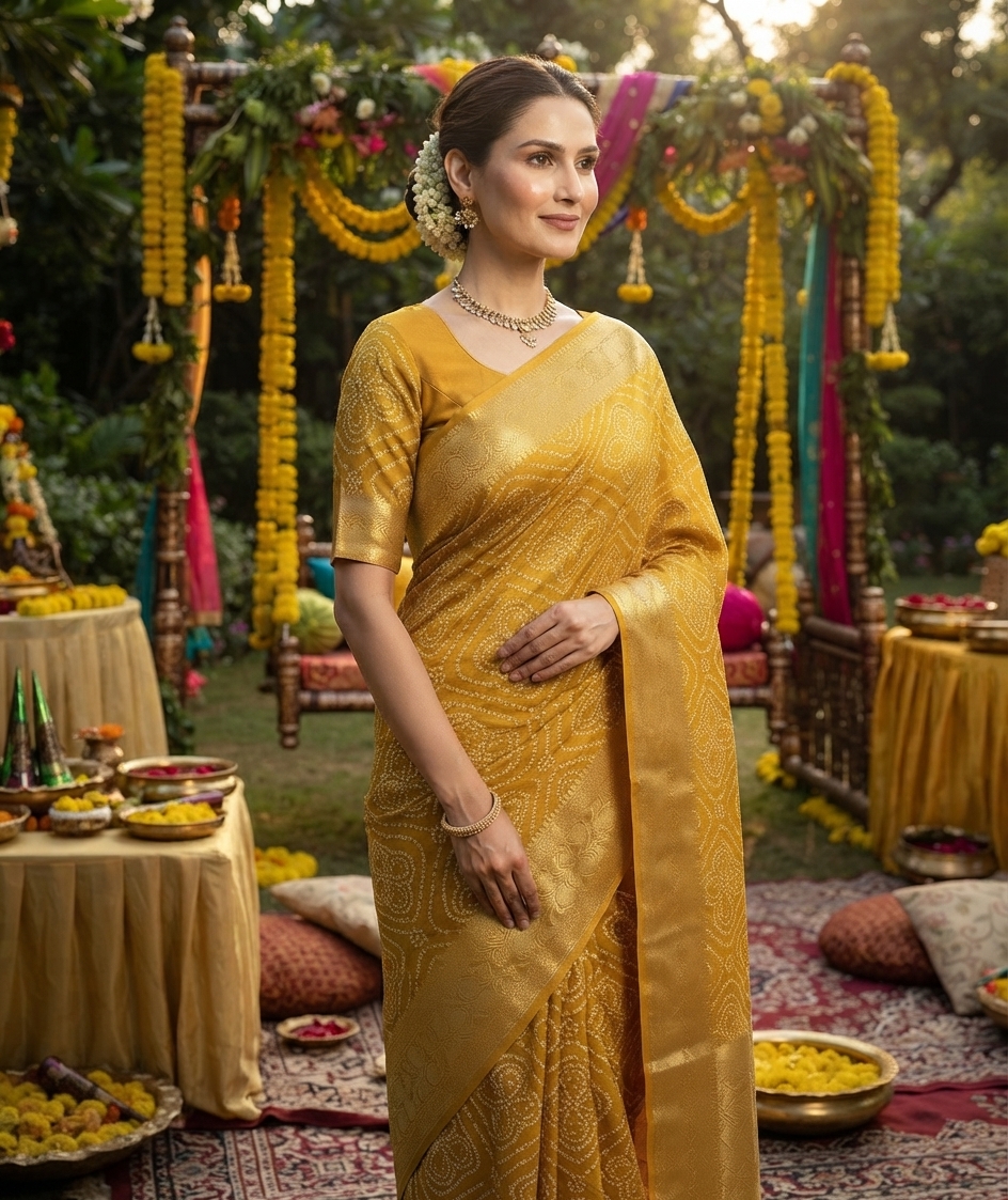 Mustard Yellow Printed Cotton Silk Saree