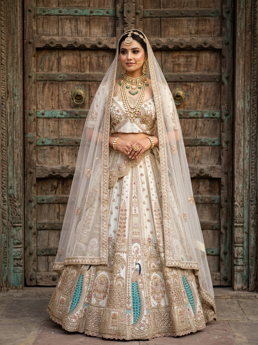 Bridal Lehnga — Indian bride wearing it · Vintage haveli door