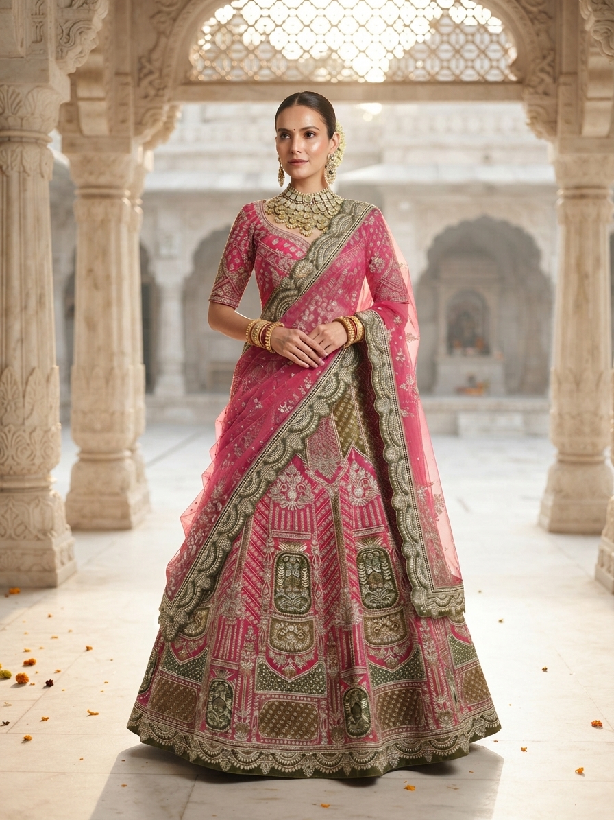 Bridal Lehnga - Kala Samrat - 1 — Indian bride wearing it · Temple courtyard (marble)