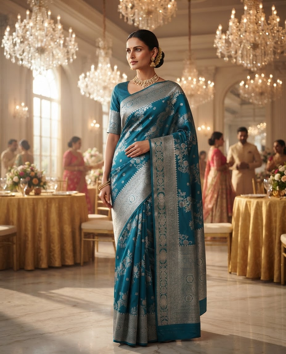 Teal Blue Banarasi Silk Saree with Silver Zari