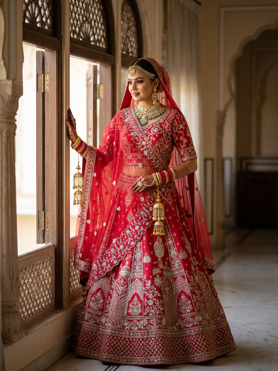 Regal Red Raw Silk Bridal Lehenga with Resham and Dabka