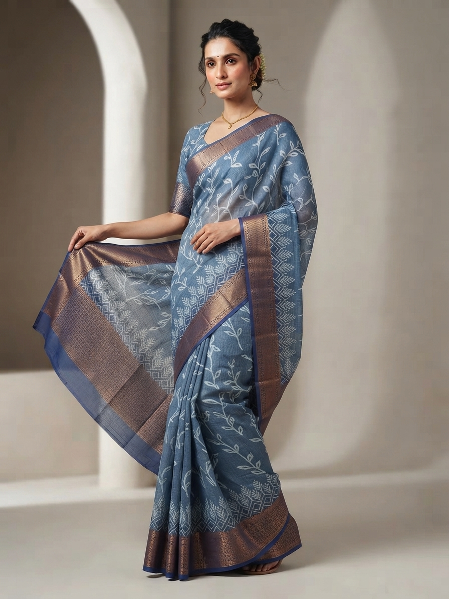 Blue Cotton Silk Saree with Traditional Border