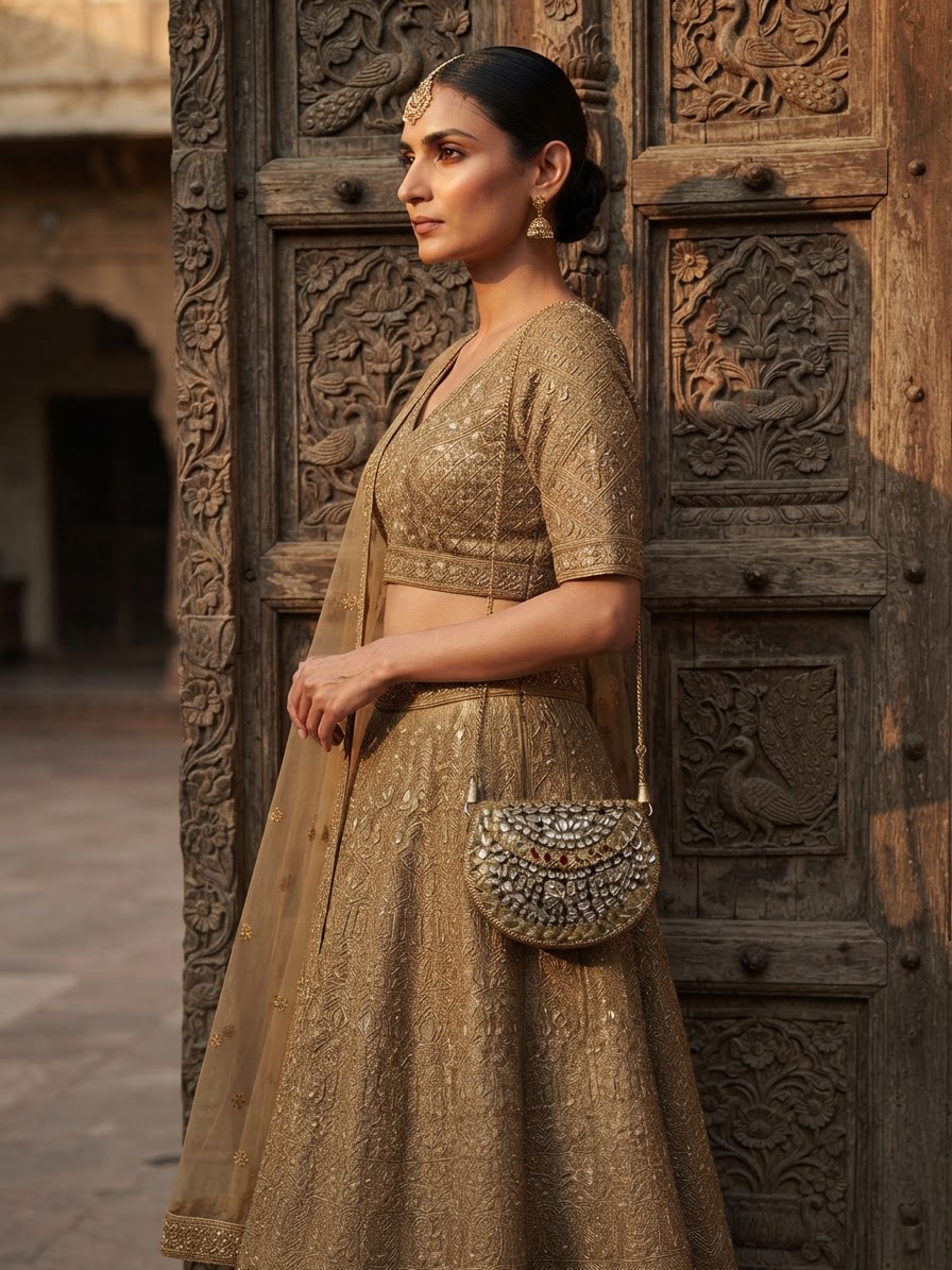 Festive woman wearing it · Vintage haveli door