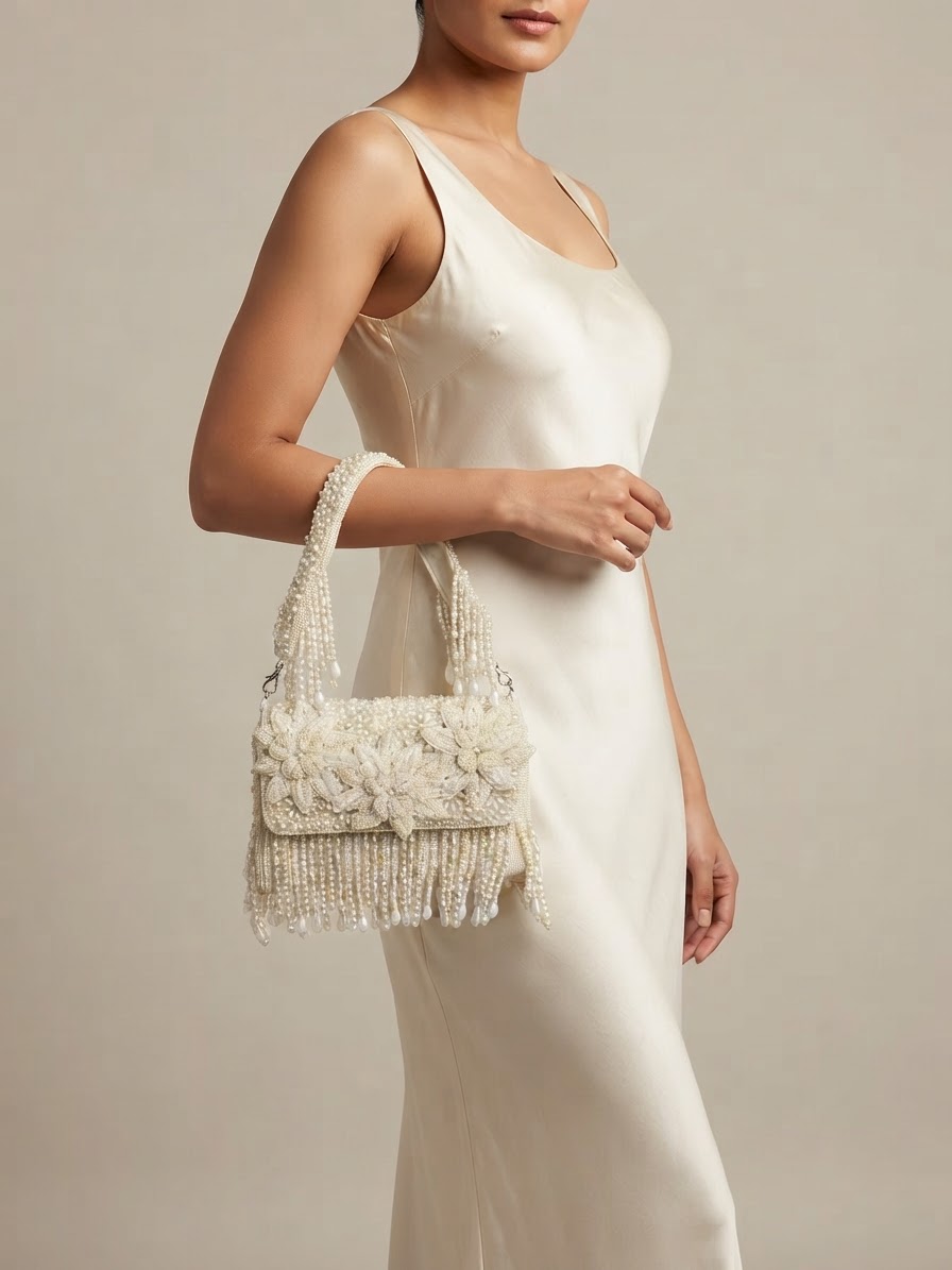 Ivory Pearl Floral Embellished Clutch Bag